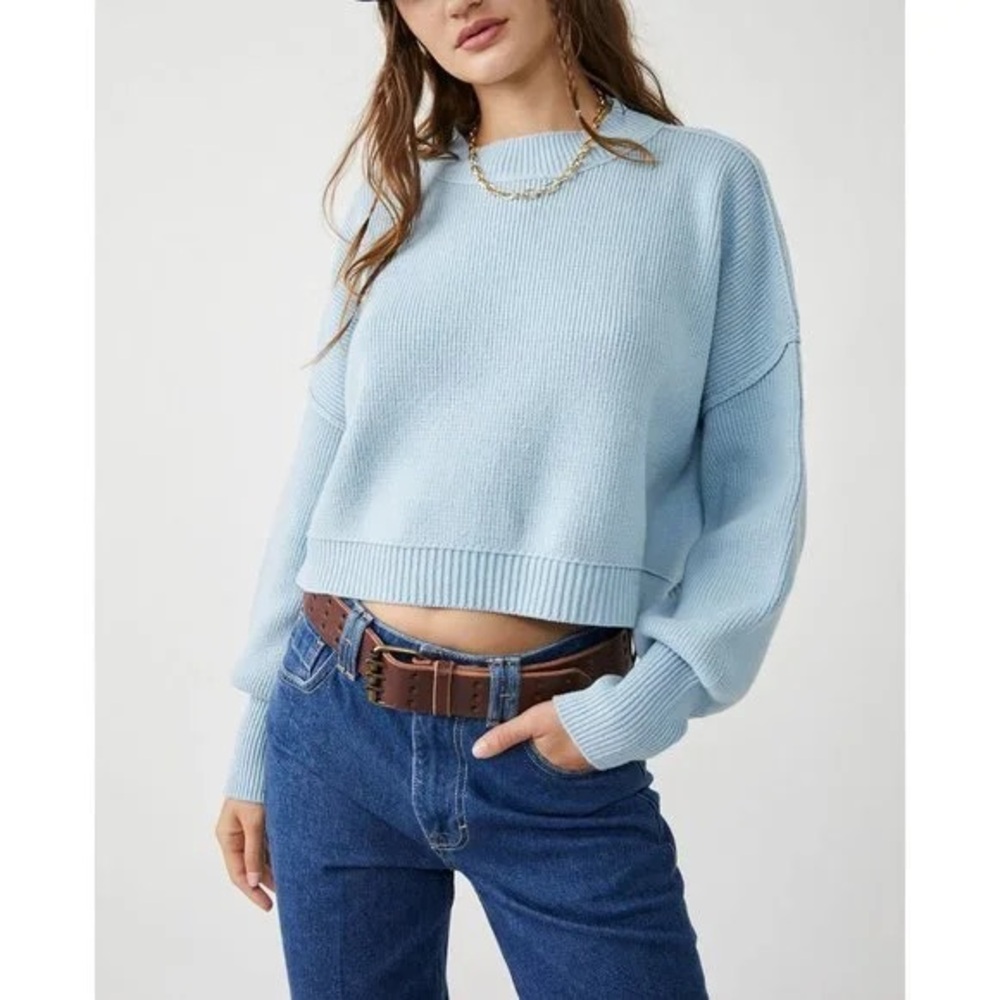Free people easy street crop sweater M cloud cruise light blue